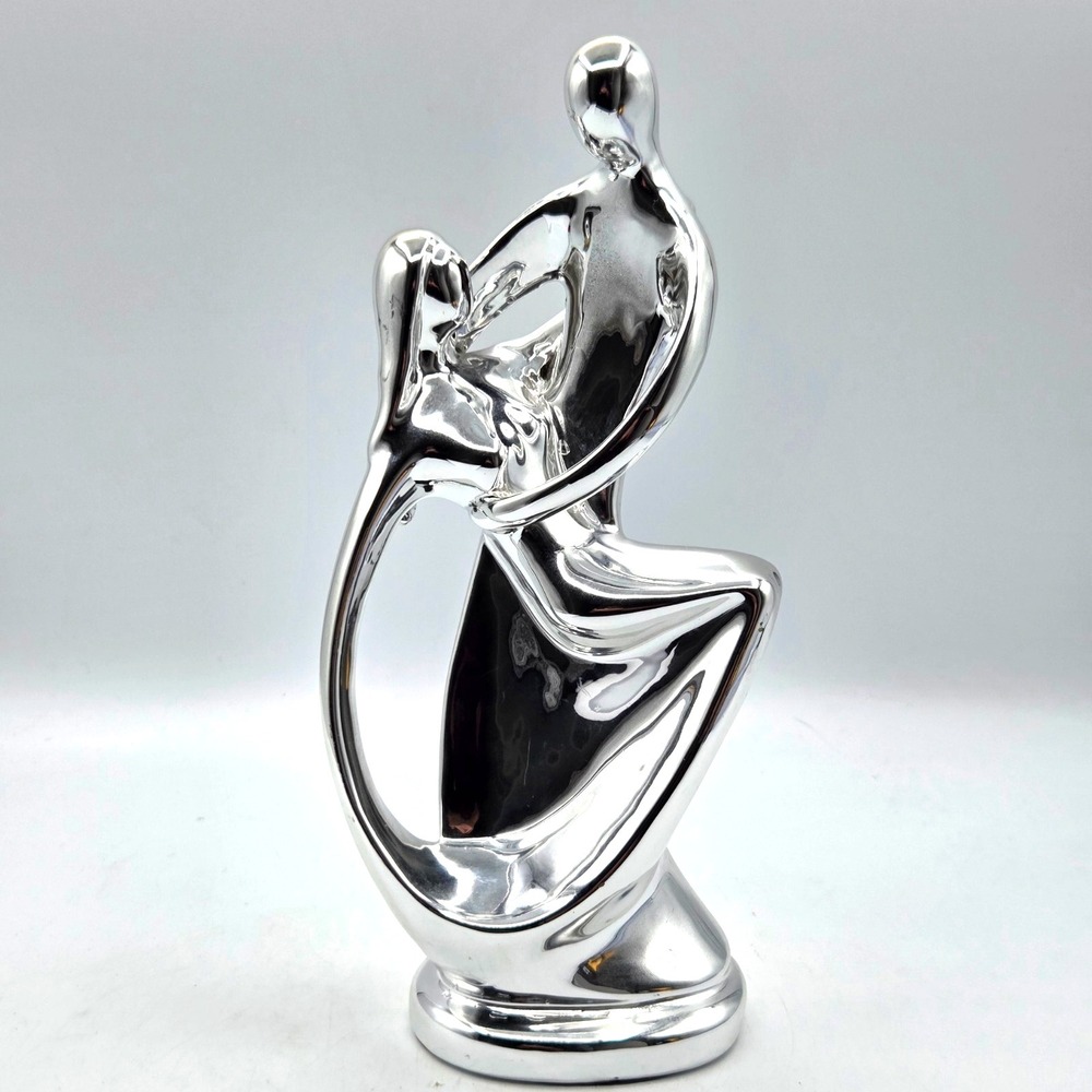 Art Deco Ceramic Dancing Couple Sculpture with‎ Polished Silver Chrome Finish